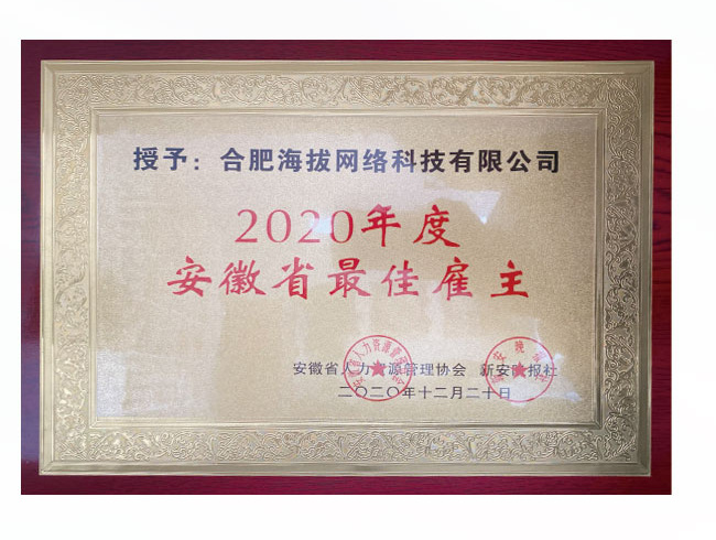 海拔网络2020年度安徽省最佳雇主牌匾